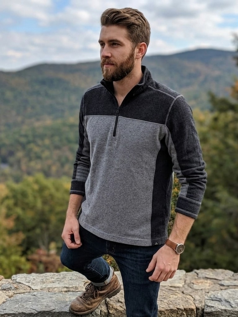Prana Wentworth Men's Two-Tone Gray Quarter-Zip Pullover 40% Wool Blend Gorpcore